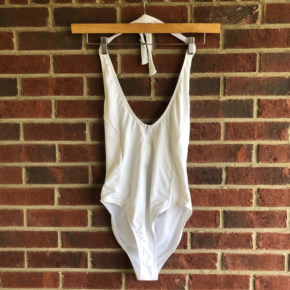 Boohoo | White High Cut Halter Swimsuit